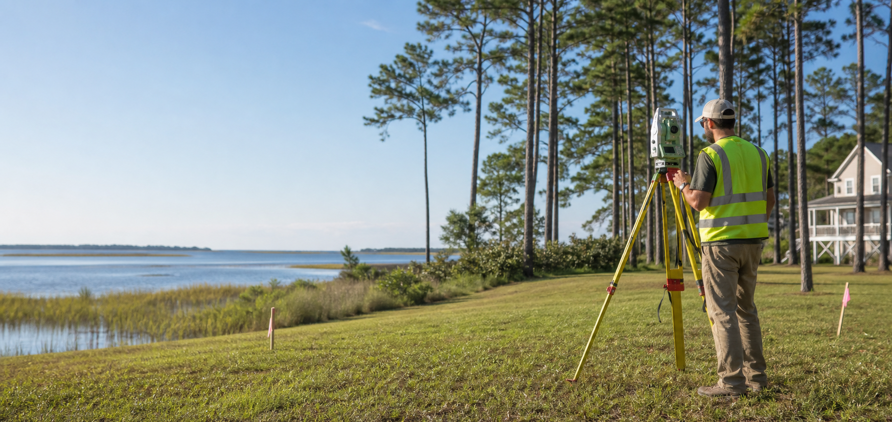 Land surveyor using tripod equipment on a coastal North Carolina property